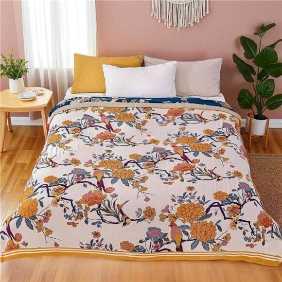 NEW Anthro XL Boho Bird Orange Floral Throw Blanket Bedspread Quilt 80" x 90" - Picture 1 of 11